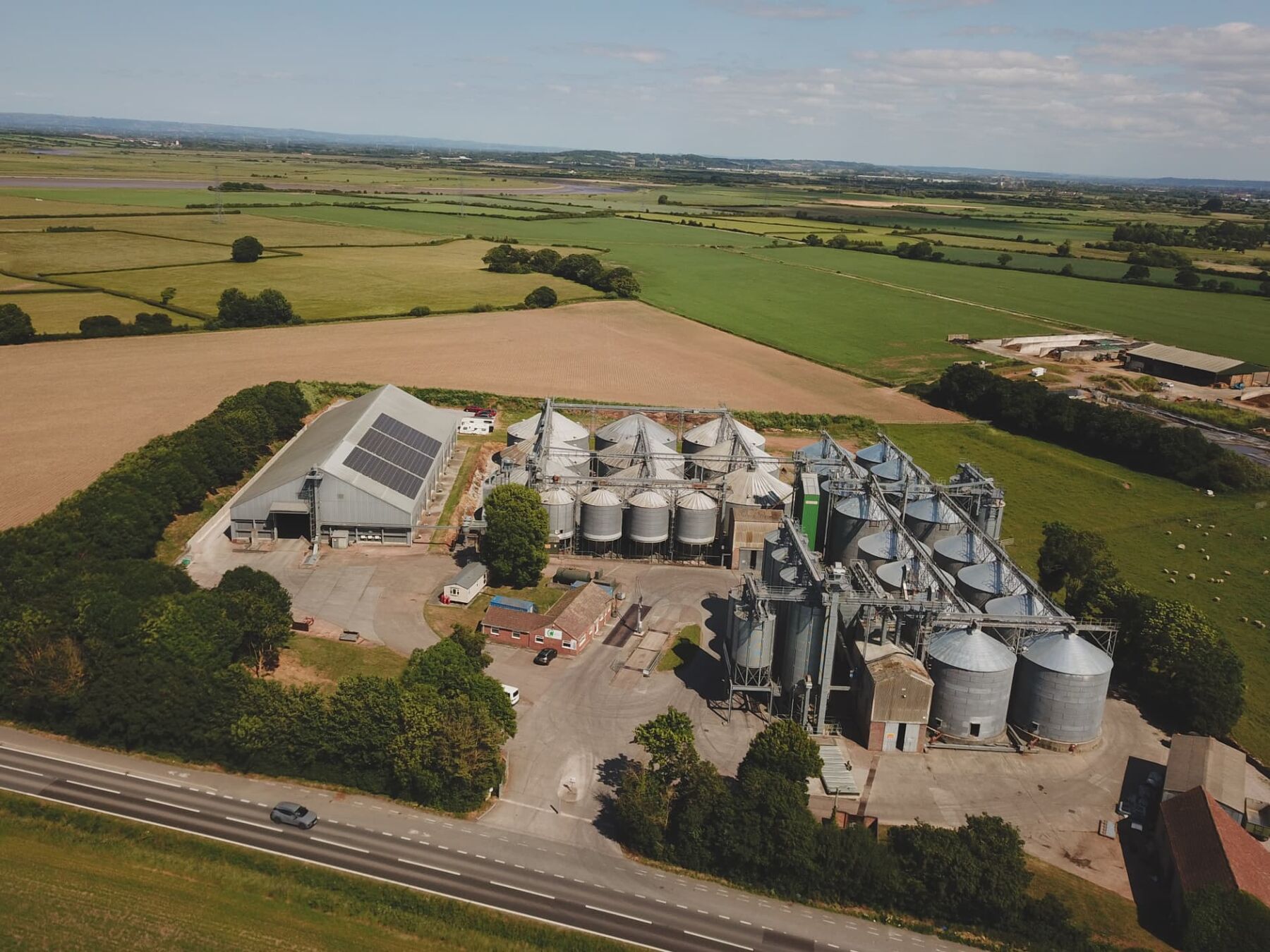 Aerial view of Cannington Grain Store and surrounding Somerset farmland